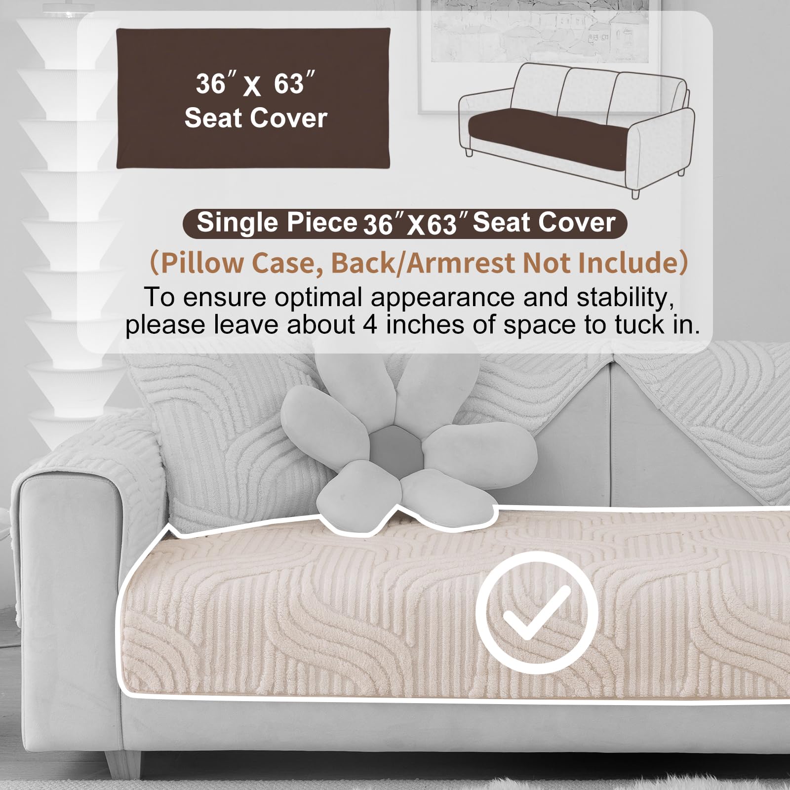 Aucrovee Plush Non Slip Sofa Cover 3 Cushion 36x63 White 1 PCS