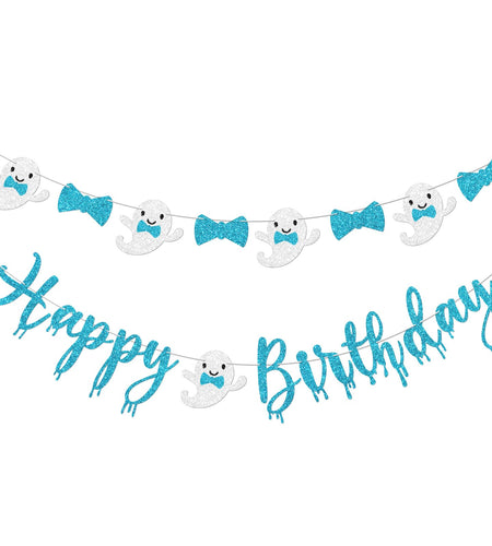 Vofrise Blue Halloween Birthday Banner Glitter Bow Tie Ghost Garland