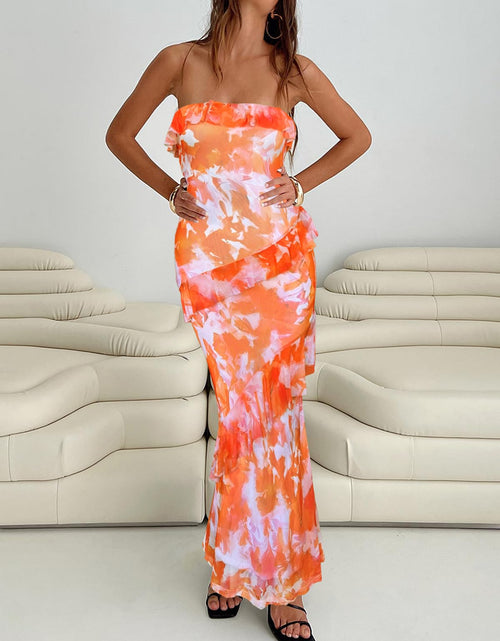 Load image into Gallery viewer, Oumrdeo Women's Strapless Floral Orange Maxi Dress Size L
