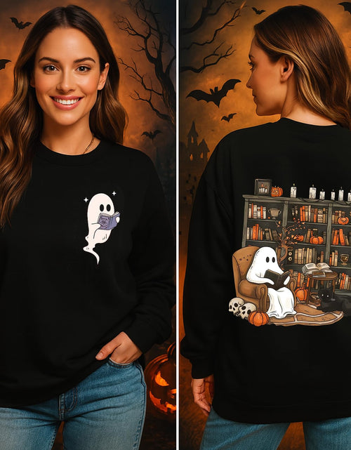Load image into Gallery viewer, sidupili Halloween Sweatshirt Ghost Reading Books Pullover P4 Size M
