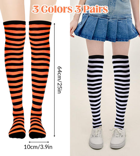 Tweruna 3 Pair Women's Knee High Striped Socks Orange Black Purple