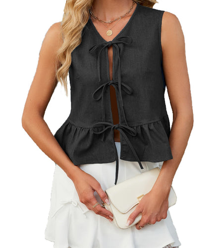 APRROOT Denim Vest Women Sleeveless V Neck Tie Front Dark Blue Size S