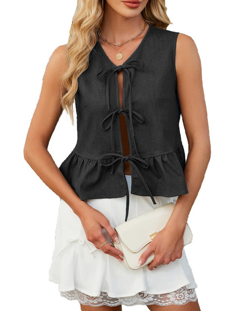 Load image into Gallery viewer, APRROOT Denim Vest Women Sleeveless V Neck Tie Front Dark Blue Size S
