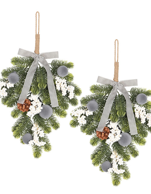 Load image into Gallery viewer, Super Holiday Christmas 2PCS Artificial Green Plant Wreaths Grey Velvet Bow

