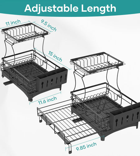 Gtyasm Extendable 2Tier Dish Drying Rack Drainboard & Cutlery Holder Black Large