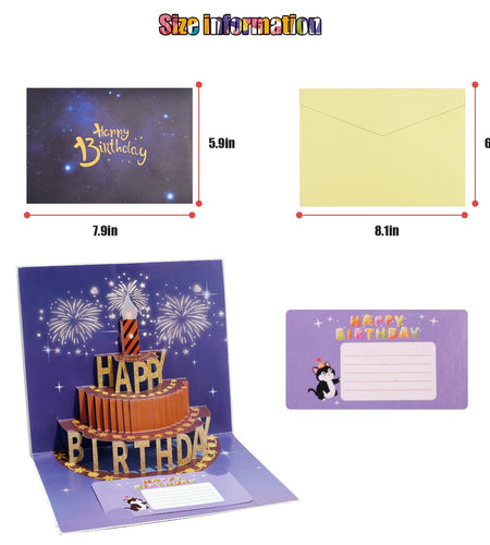CANREVEL 3D Pop Up Fireworks Birthday Card LED Music Orange Cake Color