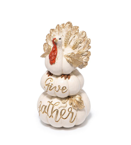 Hodao Thanksgiving Pumpkin Turkey Figurine 3 Stacked Pumpkins White Resin