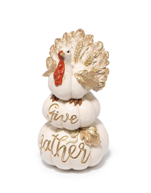 Load image into Gallery viewer, Hodao Thanksgiving Pumpkin Turkey Figurine 3 Stacked Pumpkins White Resin
