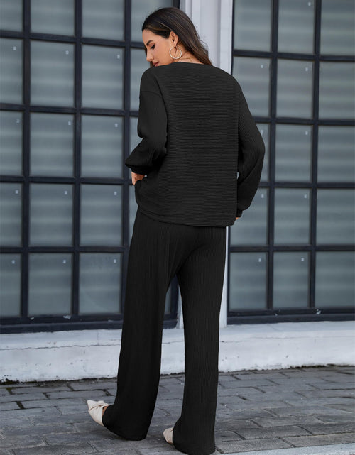 Load image into Gallery viewer, Amoretu Women's Lounge Set V Neck Top Wide Leg Drawstring Pants Black Size L
