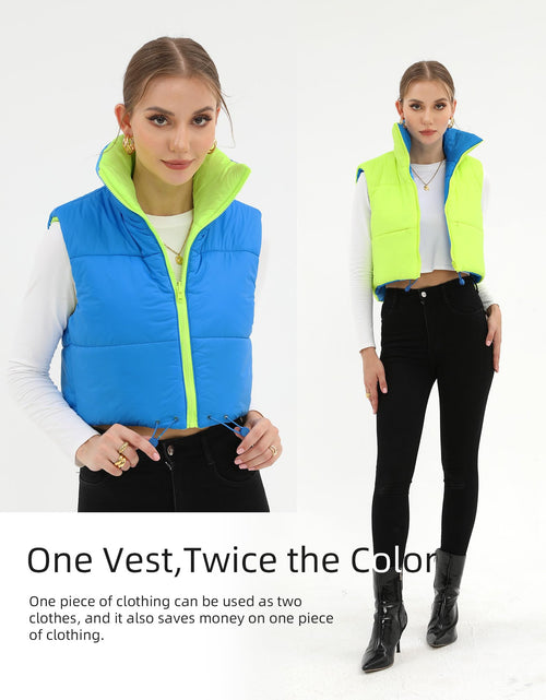 Load image into Gallery viewer, Xeoxarel Women's Reversible Puffer Cropped Vest Full Zip Sleeveless Green Blue M

