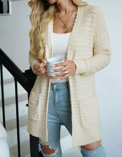 Load image into Gallery viewer, CiCiBird Women Long Fuzzy Knit Cardigan Sweater Open Front Beige Size XL
