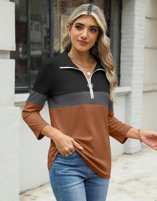 Load image into Gallery viewer, TICTICMISS Women's V Neck 3/4 Sleeve Zipper Polo Shirt Black-Charcoal-Brown L
