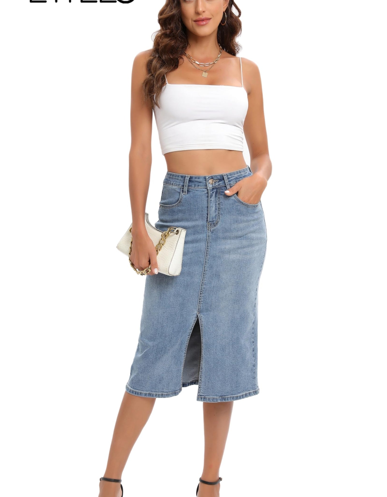 ETTELO Midi Denim Skirt High Waisted Slit Casual Stretch Deep Blue Size XX-Large