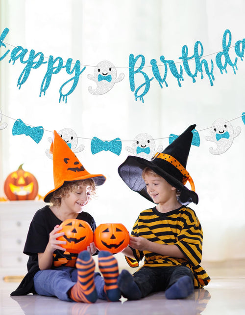 Load image into Gallery viewer, Vofrise Blue Halloween Birthday Banner Glitter Bow Tie Ghost Garland
