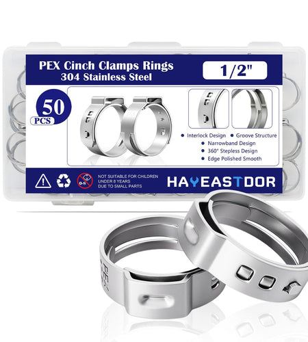 HayEastdor 50PCS 1/2" PEX Cinch Crimp Clamp Rings 304 Stainless Steel