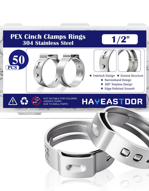 Load image into Gallery viewer, HayEastdor 50PCS 1/2" PEX Cinch Crimp Clamp Rings 304 Stainless Steel

