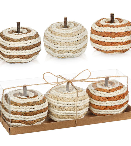 Hollyone Fall Pumpkin Decor 3 PCS Faux Rattan Pumpkins Small Orange Brown