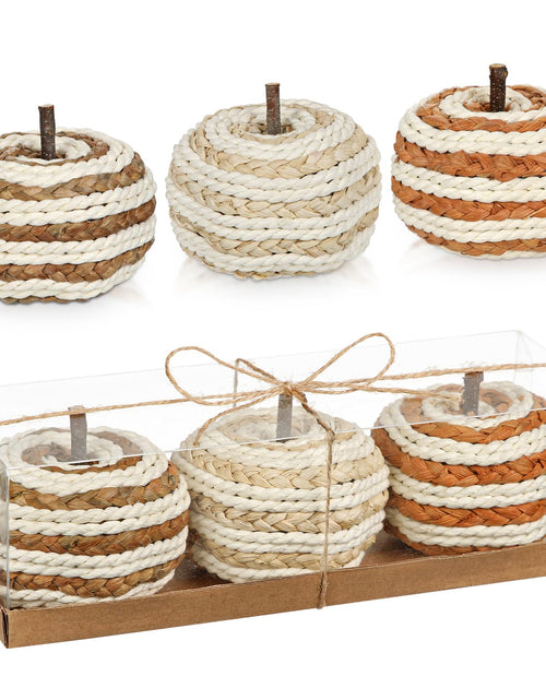 Load image into Gallery viewer, Hollyone Fall Pumpkin Decor 3 PCS Faux Rattan Pumpkins Small Orange Brown
