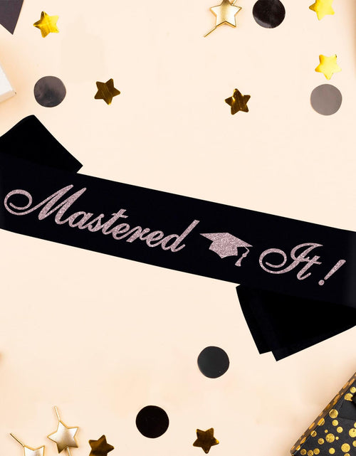 Load image into Gallery viewer, PYQWA Mastered It Graduation Sash Black Satin Rose Gold Foil Class of 2026
