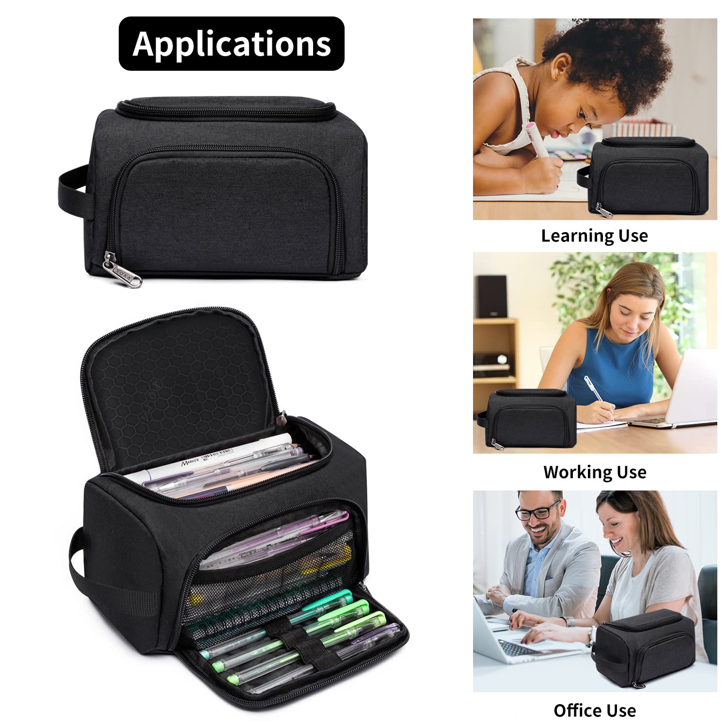 XQXA Large Capacity Pencil Case Organizer Multifunctional Travel Pen Bag Black