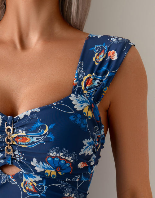 Load image into Gallery viewer, Eomenie Womens One Piece Tummy Control Push Up Wide Strap Navy Blue Print Size M
