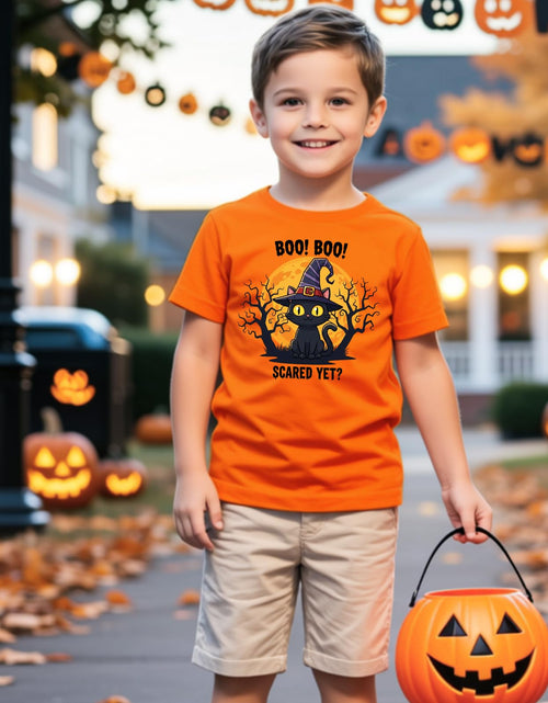 Load image into Gallery viewer, HELLO MEOW Halloween Boys T Shirt Orange Black Cat Size 4-5T
