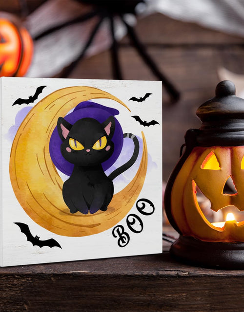 Load image into Gallery viewer, Hijie Halloween Black Cat Bat Wooden Sign Decor 5x5 Inches Indoor
