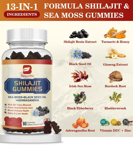 B BEWORTHS Shilajit Gummies with Ashwagandha & Herbs 60 Count