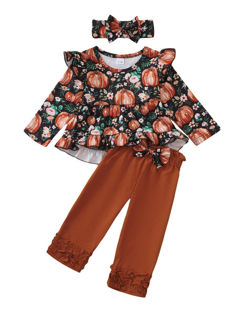 Load image into Gallery viewer, Kislio Toddler Girls Pumpkin Ghost Shirt Ruffle Pants Set 3PCS orange 12-18M
