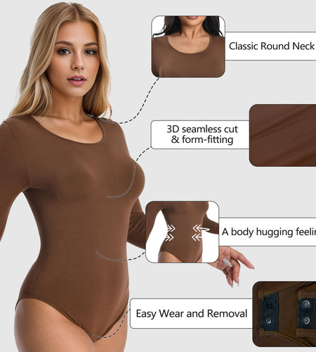 +MD Round Neck Bodysuit Long Sleeve Slimming Waist Coffee Size M