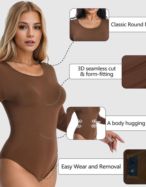 Load image into Gallery viewer, +MD Round Neck Bodysuit Long Sleeve Slimming Waist Coffee Size M
