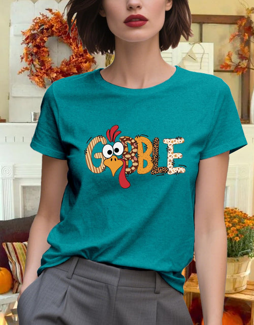 Load image into Gallery viewer, Dabon Thanksgiving Turkey Leopard Letter Print Tee Tops Cyan Size XL
