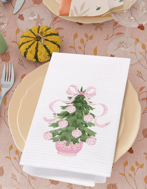 Load image into Gallery viewer, SPBL&amp;L Chinoiserie Christmas Kitchen Towels Pink Bow Tree 16x24 Inch Set of 2
