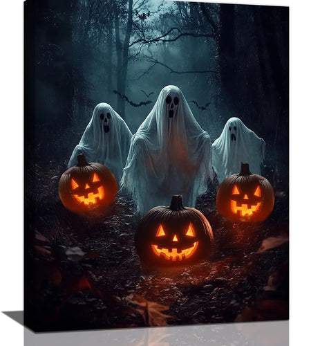 Gothic Halloween Ghost Pumpkin Wall Art Canvas Painting Framed 12x16