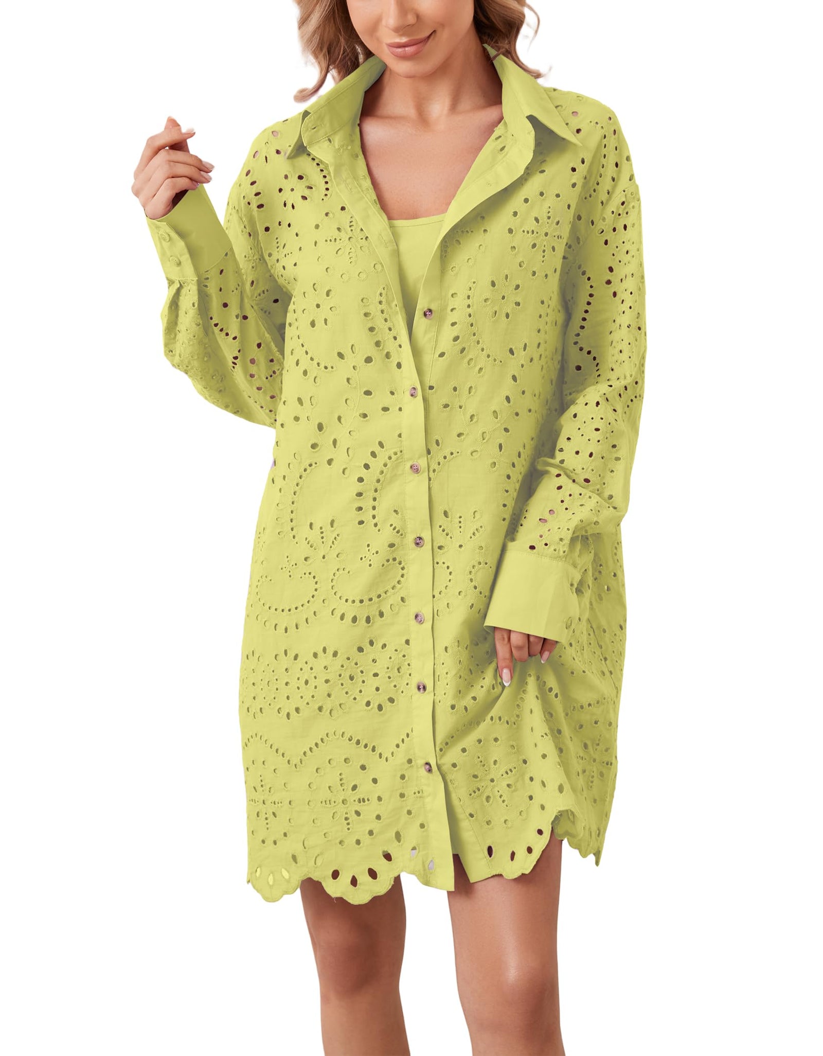 AIHUKOCY Women Hollow Out Button Down V Neck Long Sleeve Mini Dress Yellow M