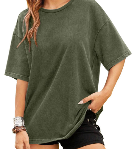 Remidoo Womens Oversized T Shirt Acid Wash Vintage Loose Fit Tee Army Green XL