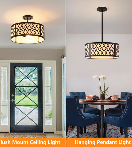SGLfarmty 15.7in Black Drum Chandelier 3 Light Ceiling Fixture Farmhouse Pendant