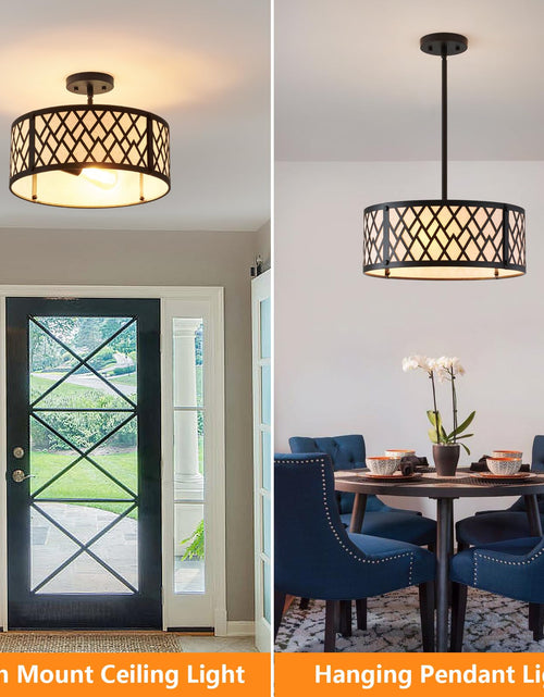 Load image into Gallery viewer, SGLfarmty 15.7in Black Drum Chandelier 3 Light Ceiling Fixture Farmhouse Pendant
