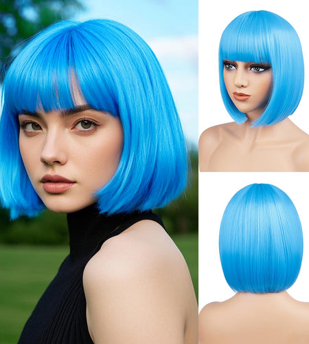 BATISI 12in Short Straight Bob Wig Neon Blue Synthetic Flat Bangs