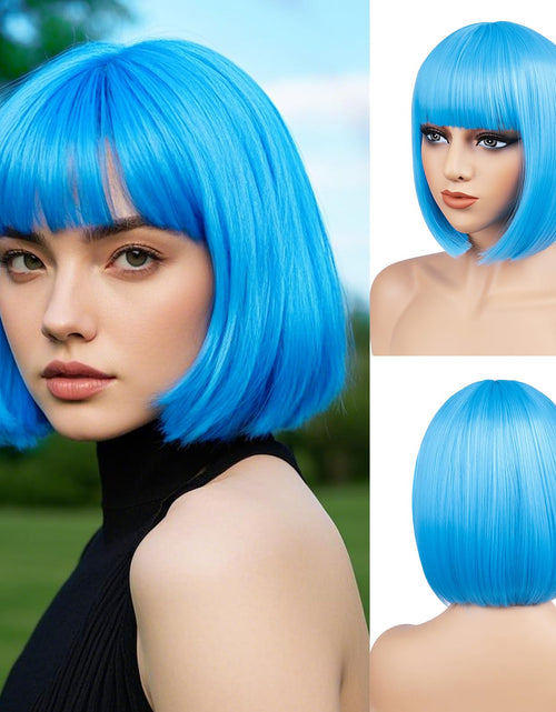 Load image into Gallery viewer, BATISI 12in Short Straight Bob Wig Neon Blue Synthetic Flat Bangs
