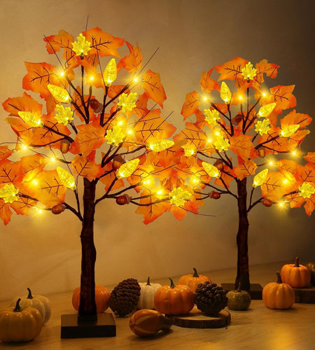SURCVIO 2 Pack 24in Prelit Fall Maple Tree Decorations 48 LEDs Timer Battery