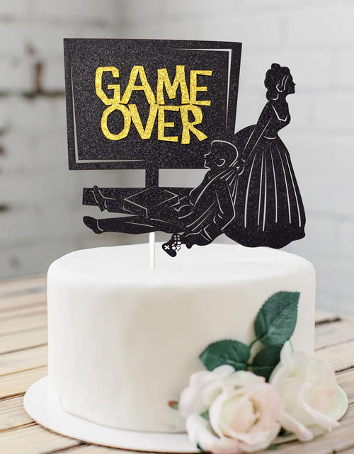 Load image into Gallery viewer, Little Man Game Over Wedding Cake Topper Double-sided Black Glitter 5.5x4.5in
