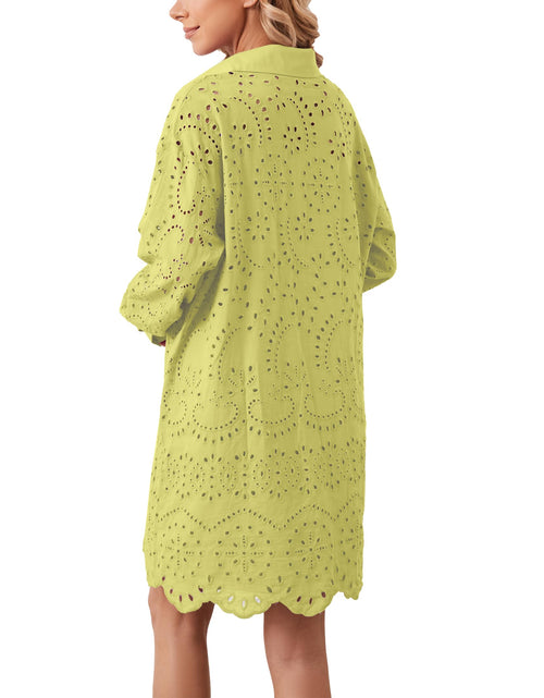 Load image into Gallery viewer, AIHUKOCY Women Hollow Out Button Down V Neck Long Sleeve Mini Dress Yellow M
