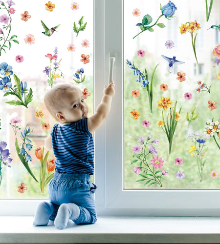 Aryroi Spring Flower Window Sticker Floral Decals Green 12.2x1.3 inch