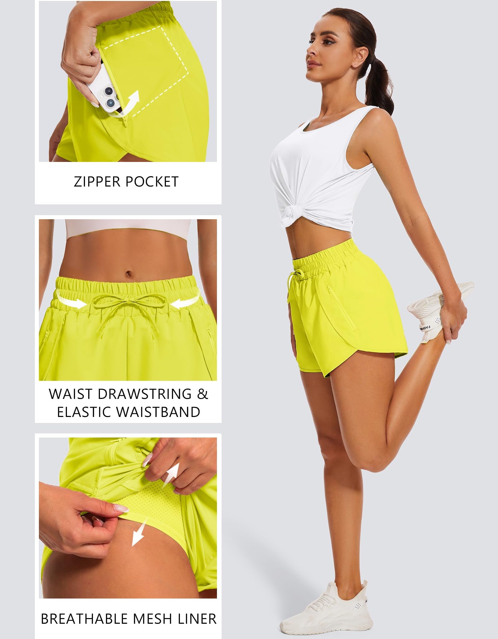 addigi Women's Running Shorts High Waisted Quick Dry Pockets Yellow Size L