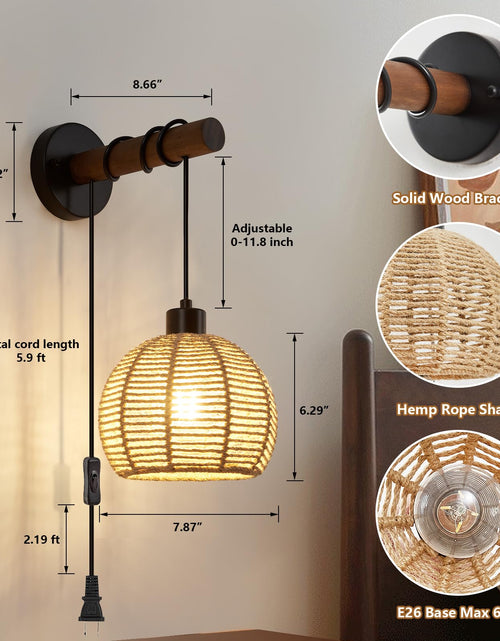 Load image into Gallery viewer, SGLfarmty Boho Rattan Plug-in Wall Sconces Set of 2 Rustic Hemp Rope
