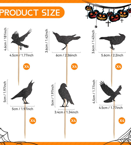 GUYI 24 PCS Halloween Crow Cupcake Toppers Horror Picks Cardstock Toothpick