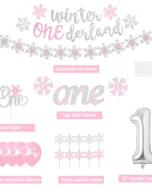 Load image into Gallery viewer, Shempeium Winter Onederland 1st Girl Banner Snowflake Pink Garland

