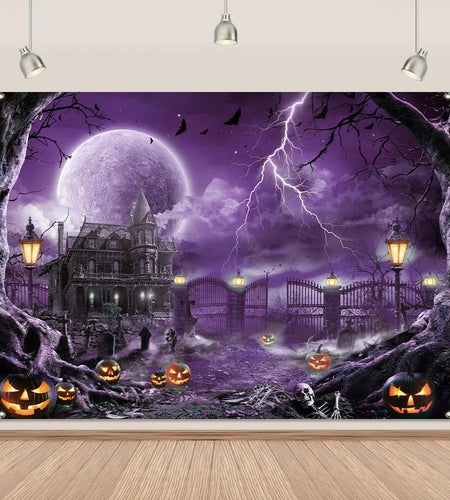 Halloween Backdrop Banner Scary Castle Cemetery Purple Full Moon 7x5Ft