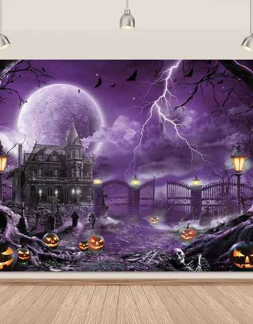 Load image into Gallery viewer, Halloween Backdrop Banner Scary Castle Cemetery Purple Full Moon 7x5Ft

